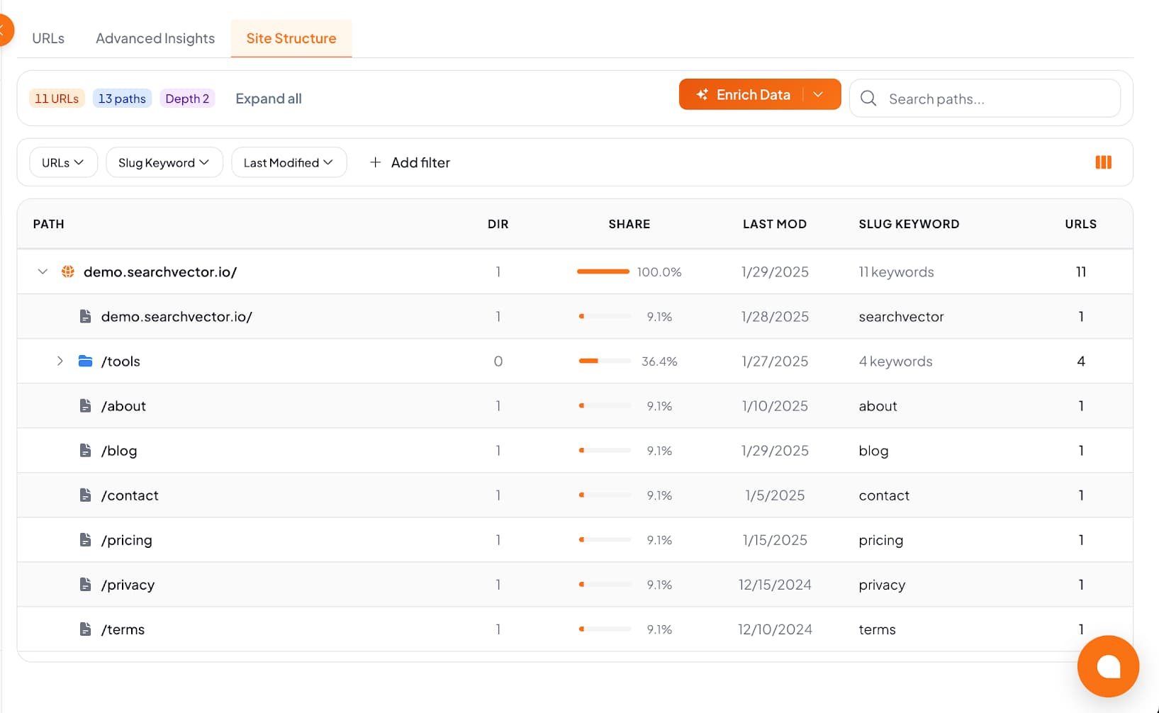 SearchVector On-Page SEO Tools detail view
