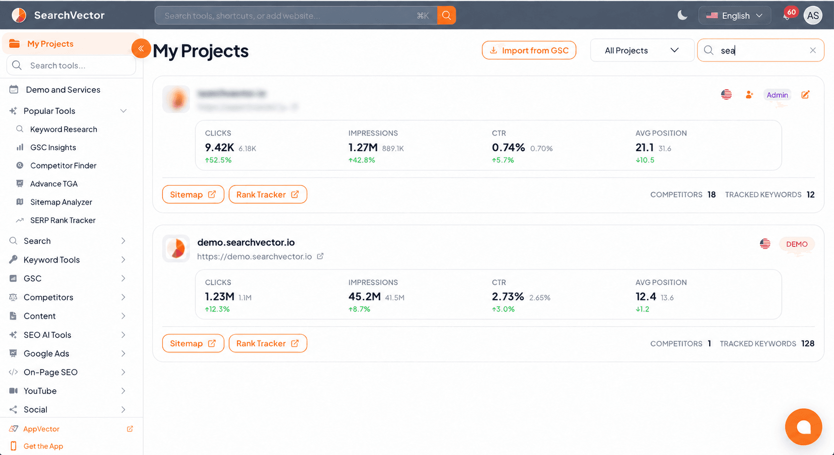 SearchVector My Projects dashboard showing website performance metrics, project shortcuts and the tool navigation; the first project identity is blurred