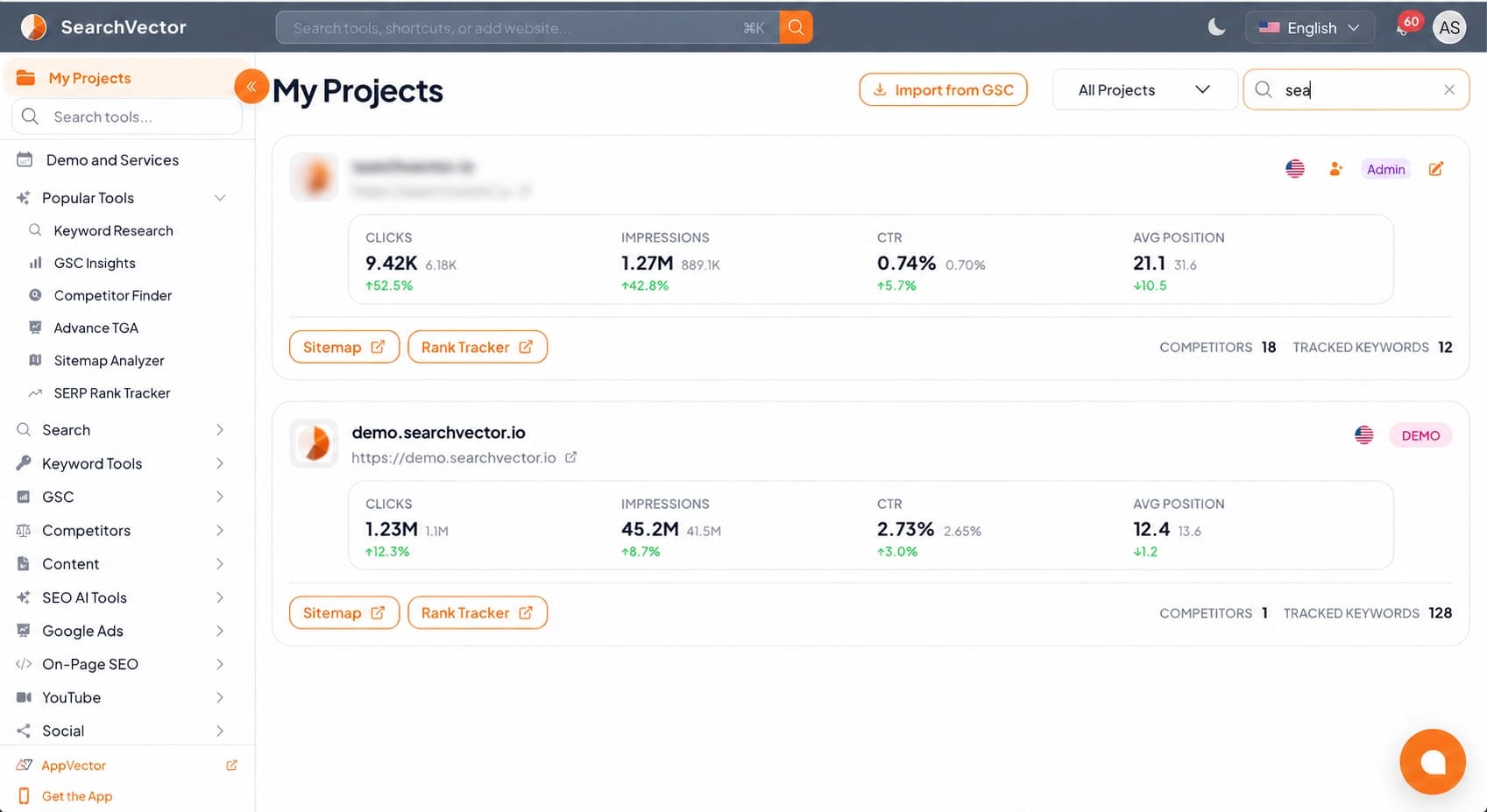 SearchVector project overview with website performance metrics and project shortcuts
