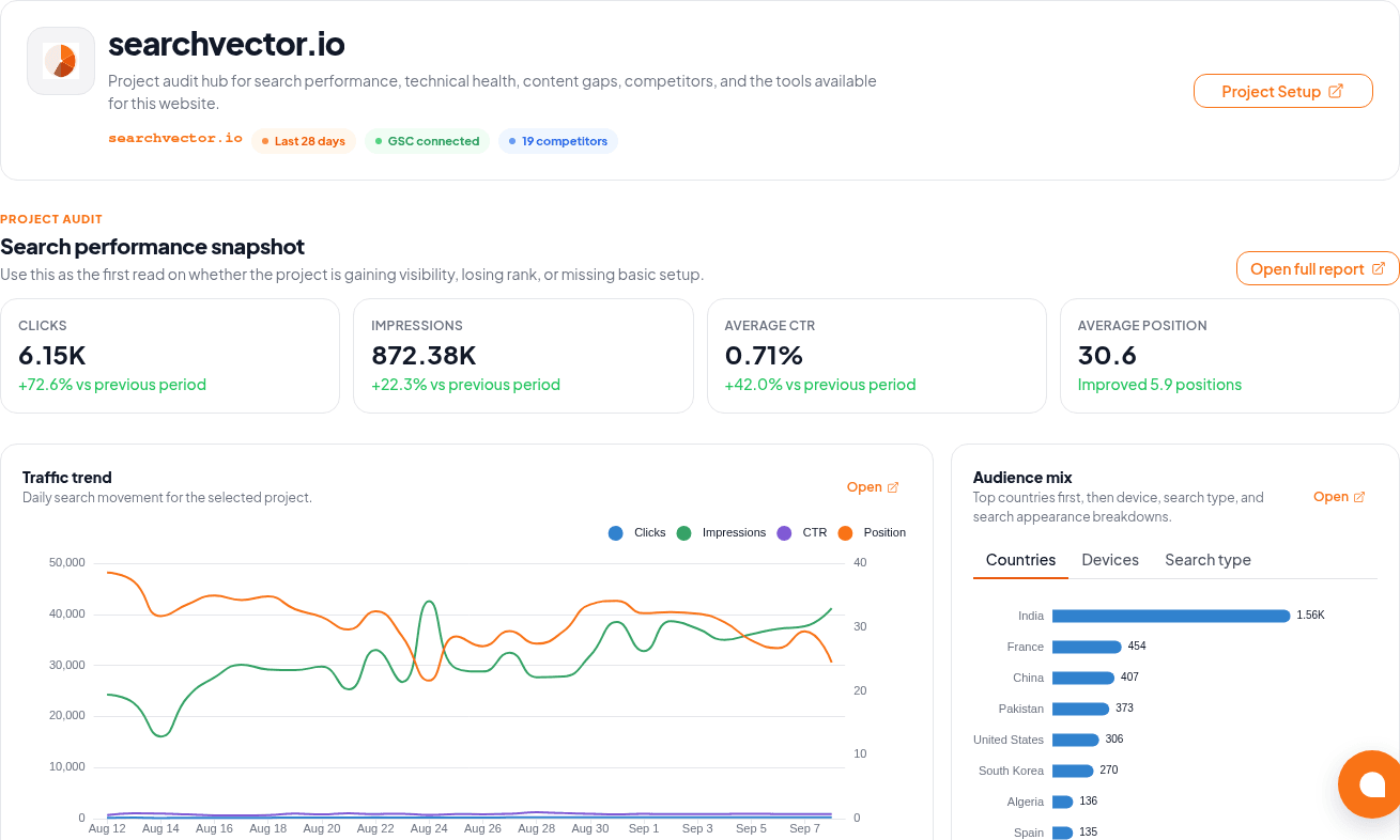 SearchVector’s own project overview showing four Search Console summary metrics, a daily trend chart and country distribution.
