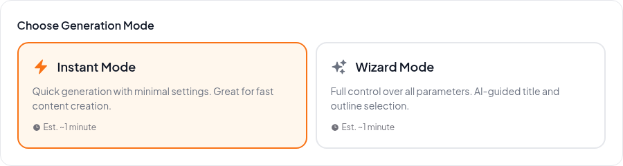 SearchVector article generator setup showing Instant Mode for minimal settings and Wizard Mode for guided title and outline selection.