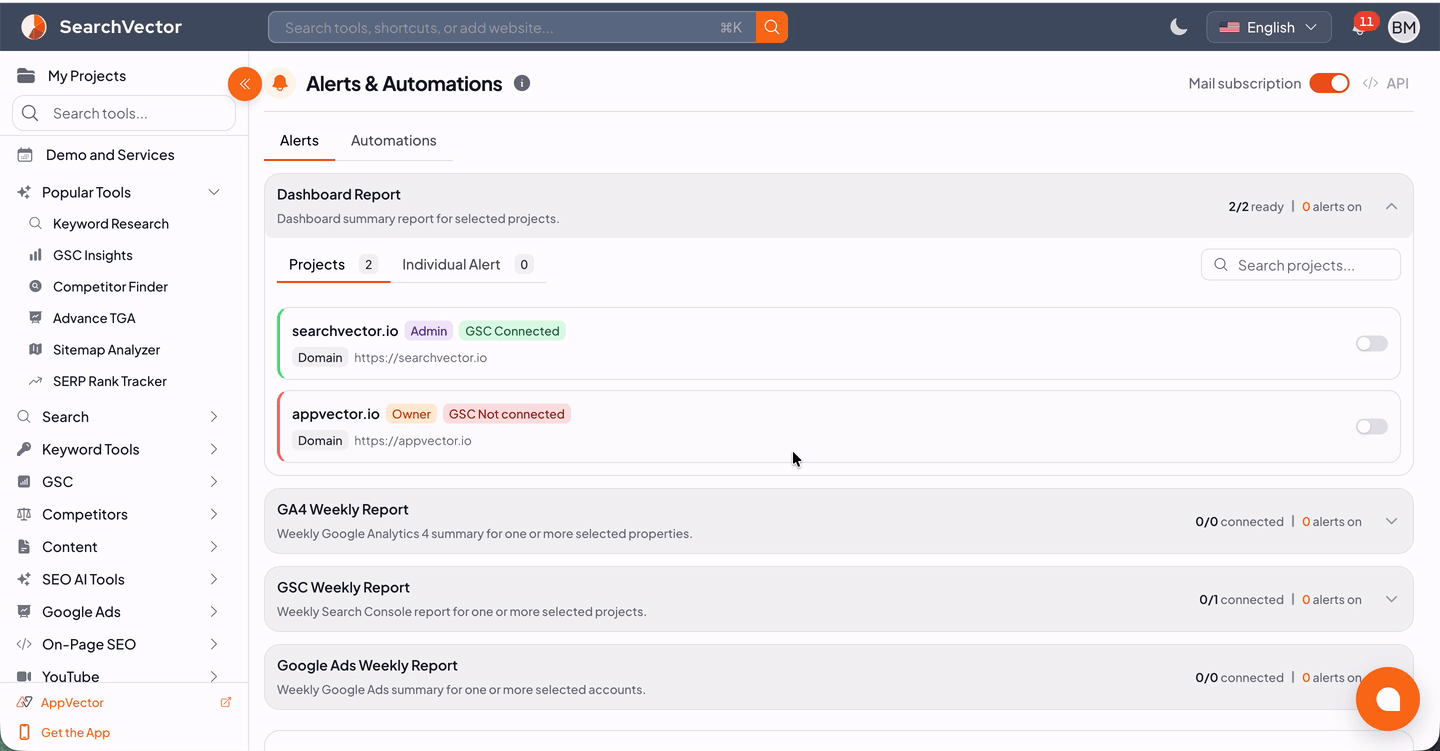 SearchVector Alerts & Automations showing project dashboard, Search Console, GA4 and Google Ads report controls