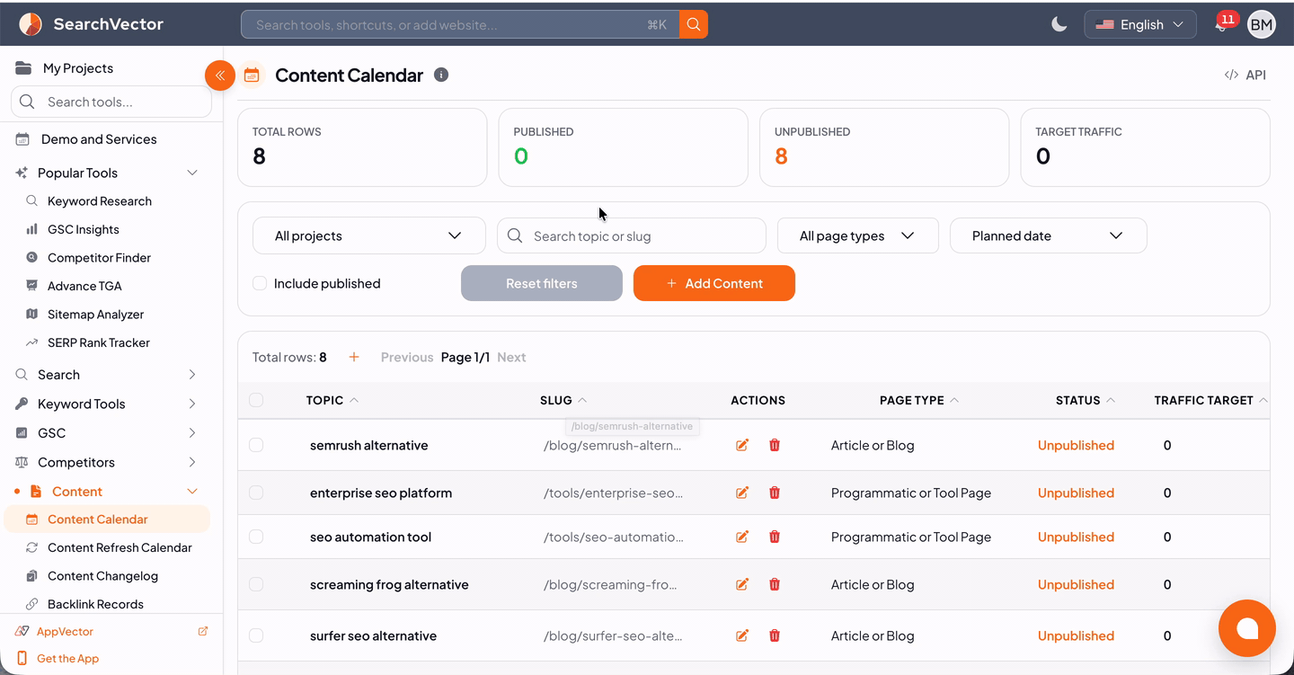 SearchVector content calendar showing planned pages, keywords and content tasks