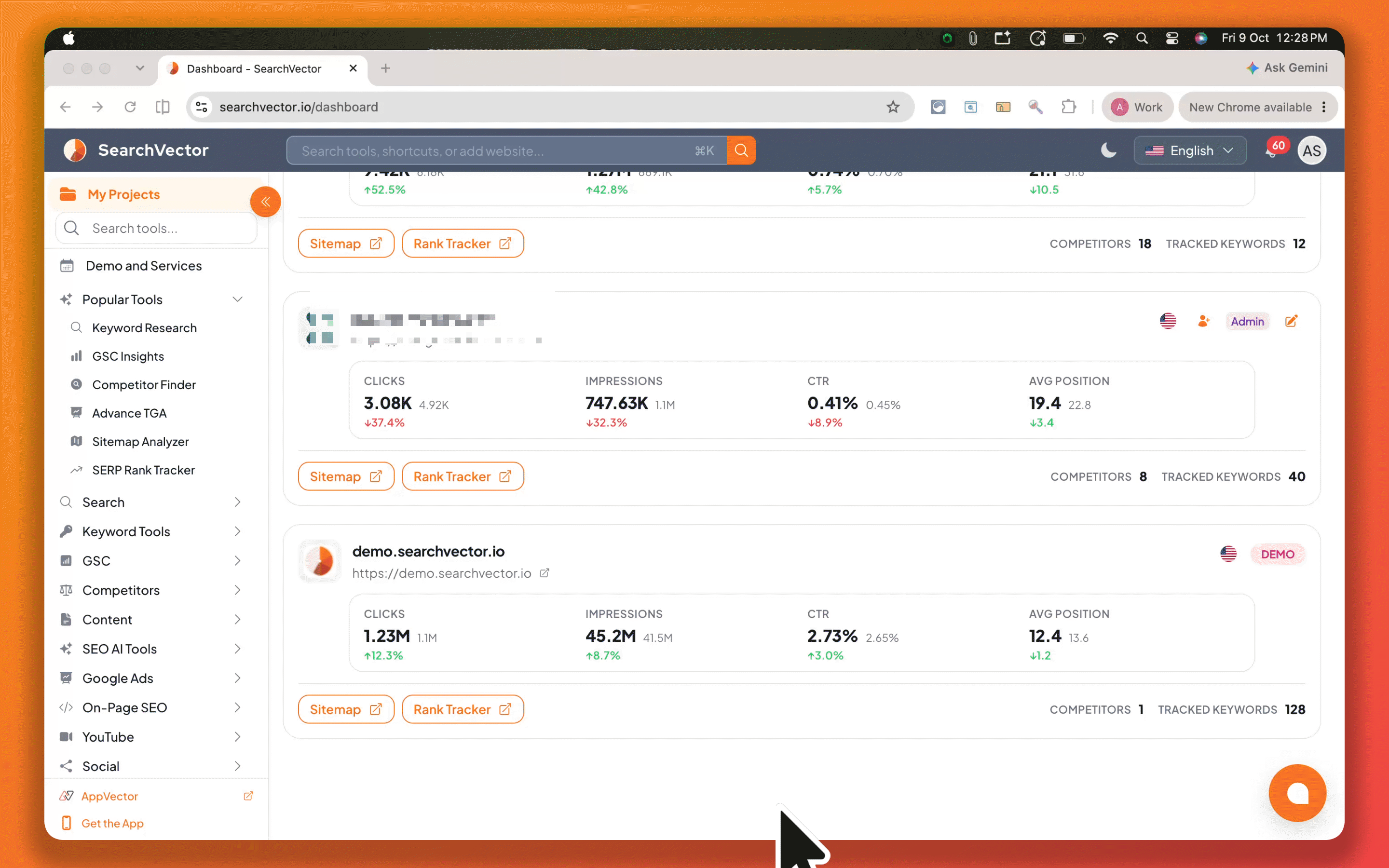SearchVector GSC Insights page performance table with query and page filters, clicks, impressions, CTR and ranking position