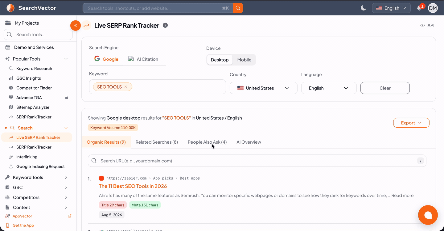 SearchVector rank tracker showing tracked keywords, ranking positions and competitor comparisons