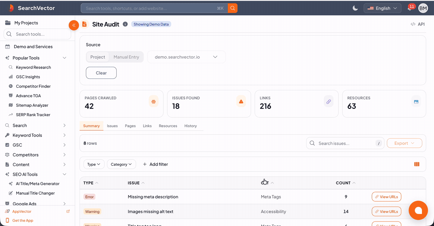 SearchVector technical audit walkthrough showing page issues and website investigation