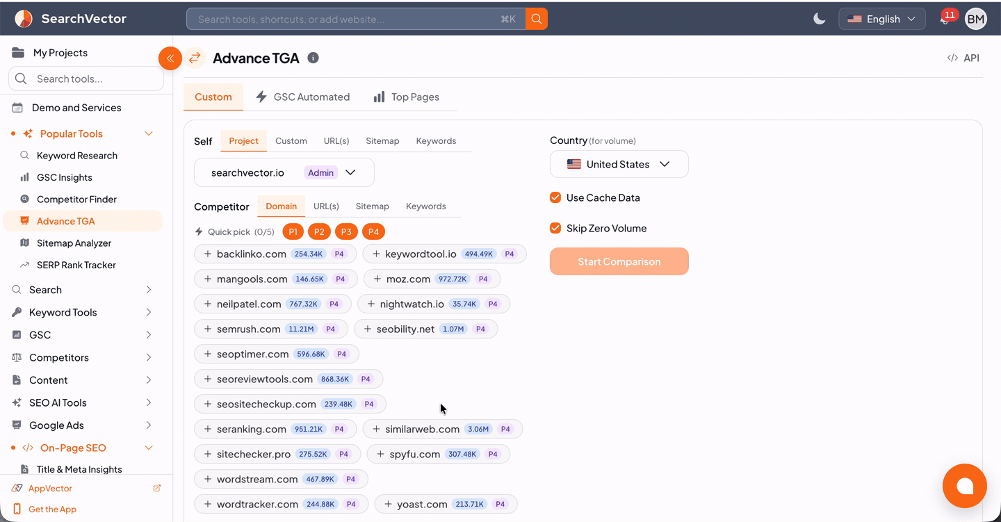 SearchVector Advance TGA results showing competitor keywords, competitor URLs, matching URLs and topic gap scores